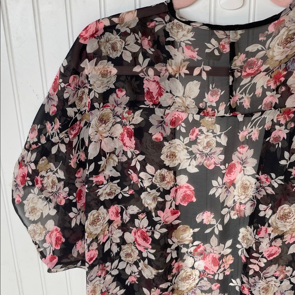 JAPNA WOMENS SHEAR BLACK PINK FLORAL OPEN FRONT SHORT SLEEVE KIMONO SIZE LARGE - Picture 8 of 8